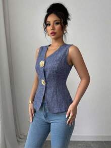 SHEIN Raffinéa 女款V領修身背心上衣，金色玫瑰鈕扣裝飾 - 紫色 - 查看 8