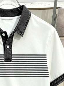 Manfinity Hypemode 男士條紋短袖休閒通勤 Polo 衫 - 黑與白 - 查看 3
