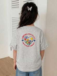 DAZY 寬鬆版型圓領刺繡設計短袖休閒可愛少女夏季T恤 - 灰色 - 查看 6