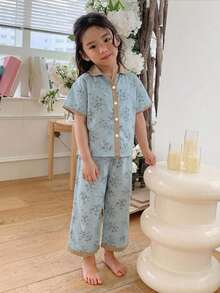 DAZY Young Girl Floral Short Sleeve Single-Breasted Top And Pants Loungewear - Baby Blue - View 1