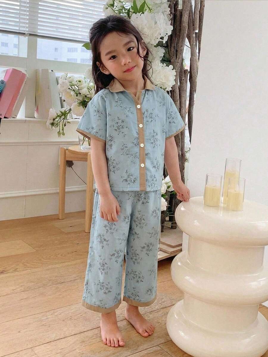 DAZY Young Girl Floral Short Sleeve Single-Breasted Top And Pants Loungewear - Baby Blue - View 1