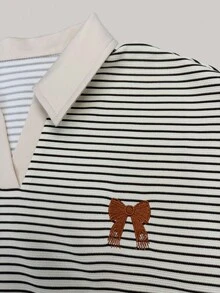 INAWLY 女款休閒條紋蝴蝶結刺繡運動衫，秋季 - 杏色 - 查看 3