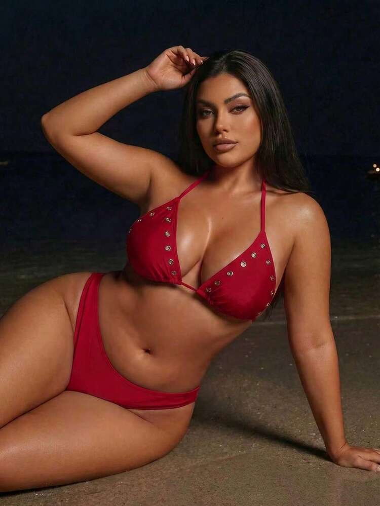 Swim SXY Plus Size Women's Halter Neck Tie Bikini Top With Eyelet Decor, Suitable For Summer Vacation And Beach Sexy - Red - View 4
