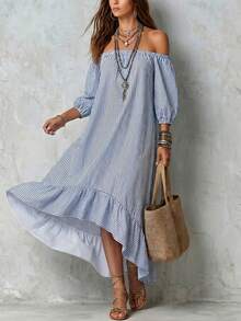 Hotletica Women's Off-Shoulder Blue And White Stripe 3/4 Sleeve Square Neck Lantern Sleeve Ruffle Hem Midi Dress, Casual Coastal Romantic Elegant, Summer, Sexy - Multicolor - View 3