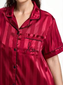 Slumbrini Plus Size Striped Jacquard Faux Silk Red Elegant Heart & Word Embroidered Short Sleeve Top & Shorts Robe Sleepwear Set Halloween Lingerie,Red - Red - View 4