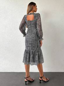 SHEIN Cottnline Allover Print Flare Sleeve Ruffle Hem Dress - Black and White - View 6