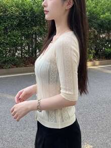 DAZY Women's Summer Short Sleeve Cardigan Knit Top - White - View 4