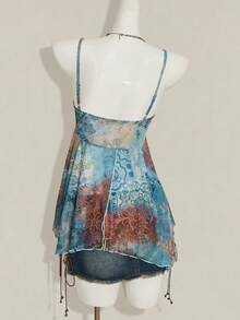 SHEIN ICON Women's Green Floral Print Mesh Camisole Tank Top, Casual Vacation Style - Multicolor - View 2