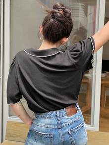 Dazy Plus Colorblock Peter Pan Collar Fitted Short Sleeve College Style Casual Black Spring/Summer T-Shirt - Black - View 4