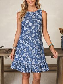 EMERY ROSE Summer Casual Jacquard Ruffle Hem Denim Dress - Blue - View 4