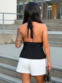 SAYEHFBABY Women Casual Minimalist Halter Deep V-Neck Polka Dot Top Wrap Back Top Summer Black - Black - View 2