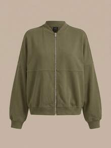 SHEIN BASICS Chaqueta holgada de punto de unicolor con cuello alto y manga larga para mujer, ropa de otoño e invierno - Verde militar - Ver 8