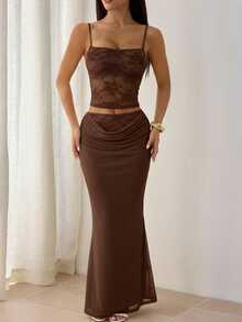 SHEIN PETITE Shades Of Brown 夏季時尚夜店風女款蕾絲透視兩件式套裝，露背上衣＋長裙，優雅節慶情人節穿搭，適合嬌小女性 - 棕色 - 查看 3