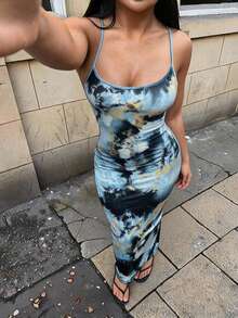 SHEIN SXY 优雅、性感、舒适的扎染图案吊带裙返校节礼服 - 彩色 - 查看 1