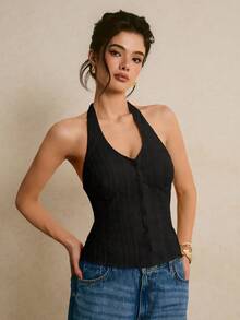 Poéselle Women's Solid Color Front Button Backless Halter Top - Black - View 7