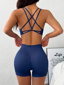 Slayform Sujetador deportivo sin costuras de unicolor sin espalda - Azul Marino - Ver 7