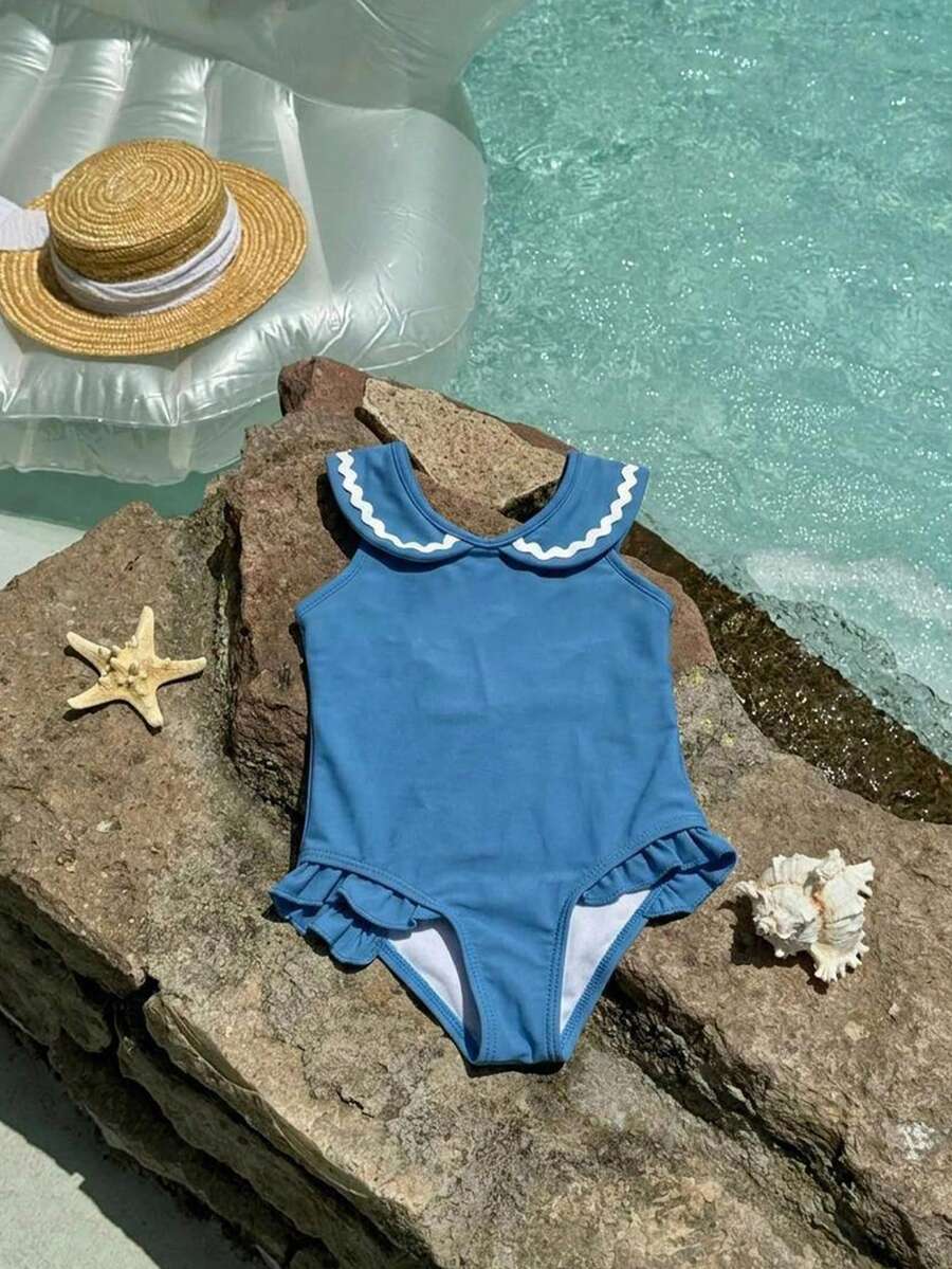 DAZY Baby Girl Casual Button Contrast Color Ruffle One-Piece Swimsuit Versatile Summer Toddler - Blue - View 1