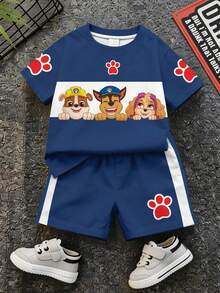 SHEIN | PAW Patrol 男嬰休閒簡約T恤套裝，適合夏季，撞色圖案印花，可愛小狗爪印，經典可愛勇敢卡通圖案印花，Chase、Rubble、小狗小隊圖案印花 - 彩色 - 查看 2