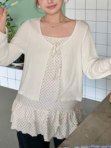 Dazy Plus Cardigan Kasual Lengan Panjang Warna Polos dengan Ikatan Depan, Motif Polkadot Kecil Modis, dan Hiasan Rumbai, Camisole Panjang, Set 2 Potong untuk Musim Semi, Musim Panas, Musim Gugur, Atasan yang Lucu - Aprikot - View 7