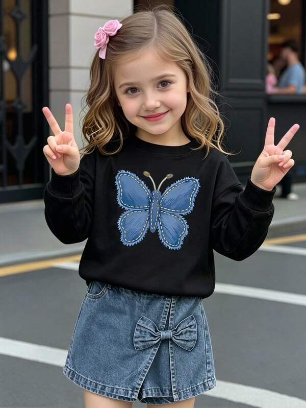 Girls' Round Neck Sweatshirt, Versatile Casual Daily Wear, Faux Denim Butterfly Print, Spring/Autumn New Style, Soft Comfortable Pullover Black