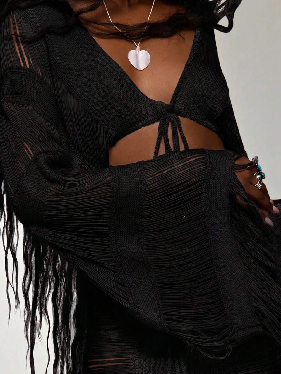 Fringe Knit Tie Front Beach Cover-Up With Bead Accents Coord Top Only Summer Holiday Vacation Bohemian Festival Ibiza Trinket