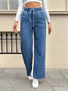 Flexra Women's Drawstring Waist Straight Leg Loose Casual Versatile Denim Jeans - Blue - View 7