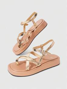 HighSole Sandalias de mujer estilo versátil y sencillo con diseño de múltiples correas, hebilla y espalda cruzada, plataforma abierta, para primavera y verano, uso diario, ir al trabajo y compras - Champán - Ver 6