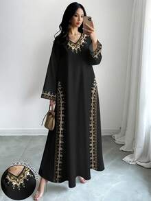 SHEIN Najma 女士花卉仿珍珠印花V领长袖优雅大码阿拉伯风格长裙，春秋季 - 彩色 - 查看 1