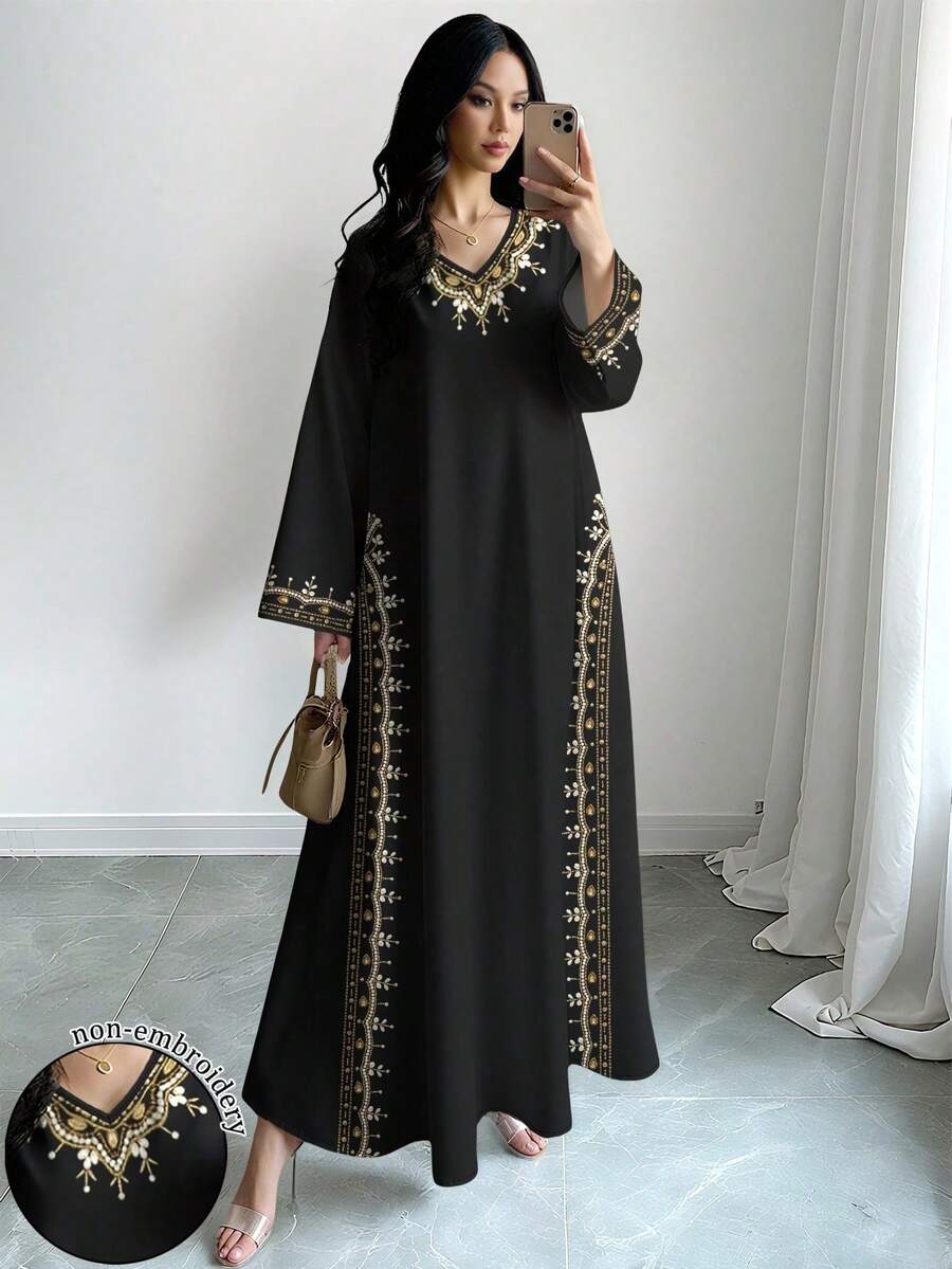 SHEIN Najma 女士花卉仿珍珠印花V领长袖优雅大码阿拉伯风格长裙,春秋季 - 彩色 - 查看 1