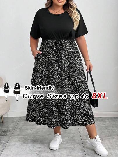 SHEIN CURVE+ 大碼豐滿女款秋季女裝/冬季女裝/冬季大碼時尚休閒上班優雅自由風返校穿搭、教師穿搭、商務專業穿搭、自信穿搭黑色洋裝、秋季、演唱會、女款圓領口袋迷你洋裝、條紋印花長裙