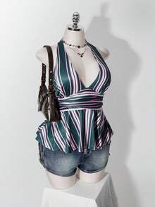 SHEIN ICON 女款大尺碼粉綠條紋掛脖上衣 - 彩色 - 查看 13