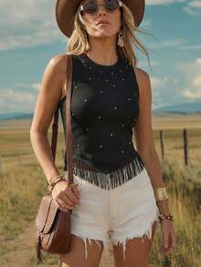 Wildy Áo crop top đen đính đinh tua rua phong cách BOHO mùa hè, lễ hội âm nhạc Western, du lịch, concert Western, rave mùa hè châu Âu - màu đen - Xem 2