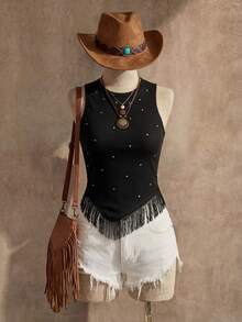 Wildy Áo crop top đen đính đinh tua rua phong cách BOHO mùa hè, lễ hội âm nhạc Western, du lịch, concert Western, rave mùa hè châu Âu - màu đen - Xem 10