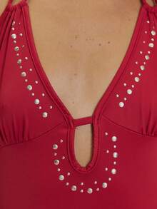 MUSERA Red Slinky Embellished Double Strap Halterneck Top Summer Holiday Ibiza Festival Black Lotus - Red - View 2