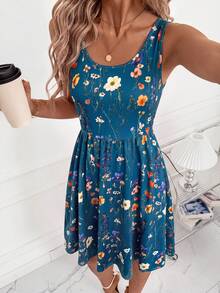 SHEIN Clasi 女款新款優雅U領收腰顯瘦花卉印花度假洋裝，適合日常穿著 - 墨綠色 - 查看 5