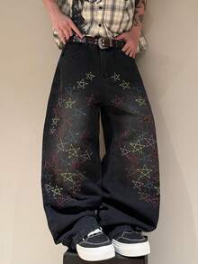 STEELVANCE Street Style Retro Fashion Versatile Embroidered Design Loose Straight Leg Wide Leg Casual Denim Jeans (Belt And Accessories Not Included) - Black - View 3