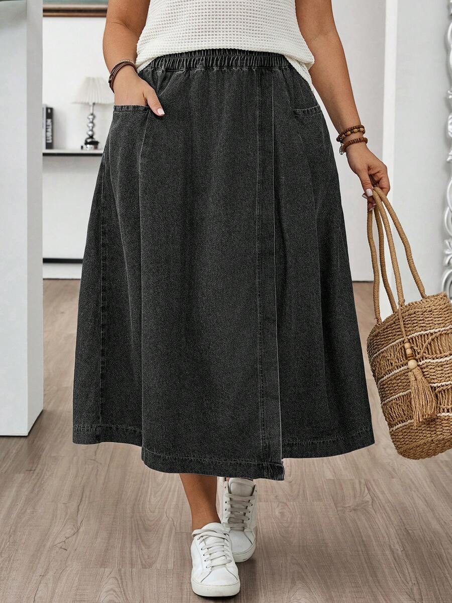 EMERY ROSE EMERY ROSE Plus Size Casual Washed Wrap Denim Skirt - Black - View 1