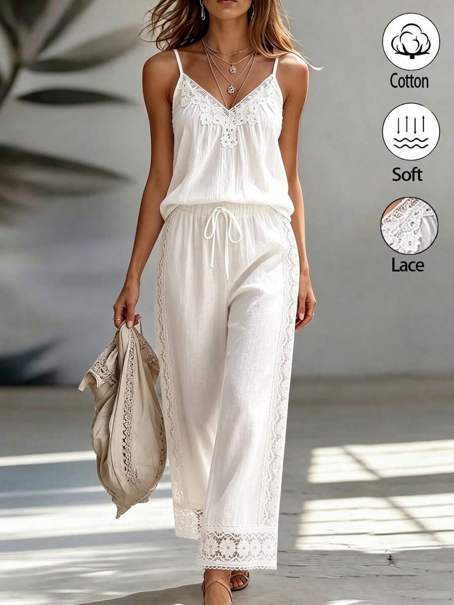 Zayélia Women's Floral Applique Pleated Camisole Top And Long Pants Casual Daily Two Pieces Set - White - View 1