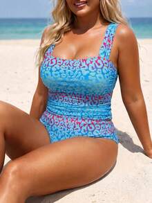 Swim Lushoire 2026 Spring/Summer New Plus Size Tank Bikini Leopard Print Ruched Women's Swimsuit Set - Multicolor - View 3