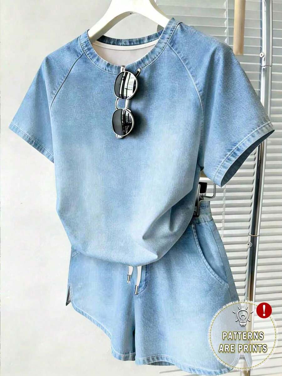 青少年女孩2件套,休閒漸層印花,寬鬆針織圓領短袖T恤搭配舒適運動短褲,適合日常休閒場合,適合春夏,輕鬆舒適,日常休閒穿搭,酷夏系列,返校必備單品,夏季女孩套裝,褲子 - 彩色 - 查看 1