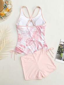 SHEIN Swim 女款夏季新款海灘套裝，無袖圓領對比飾邊抽繩側開比基尼套裝搭配黑色休閒度假短褲 - 粉色 - 查看 4