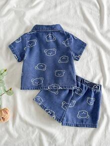 Vintaside Kids Newborn Cute Bear Head Print Soft Denim Collared 2 Pieces Set, Casual & Fashionable Summer Outfit - Blue - View 2