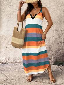 Breezaya Spring Summer Autumn Casual Comfortable Striped Fabric Shoulder Strap Design Multi-Color Plus Size Dress - Multicolor - View 6