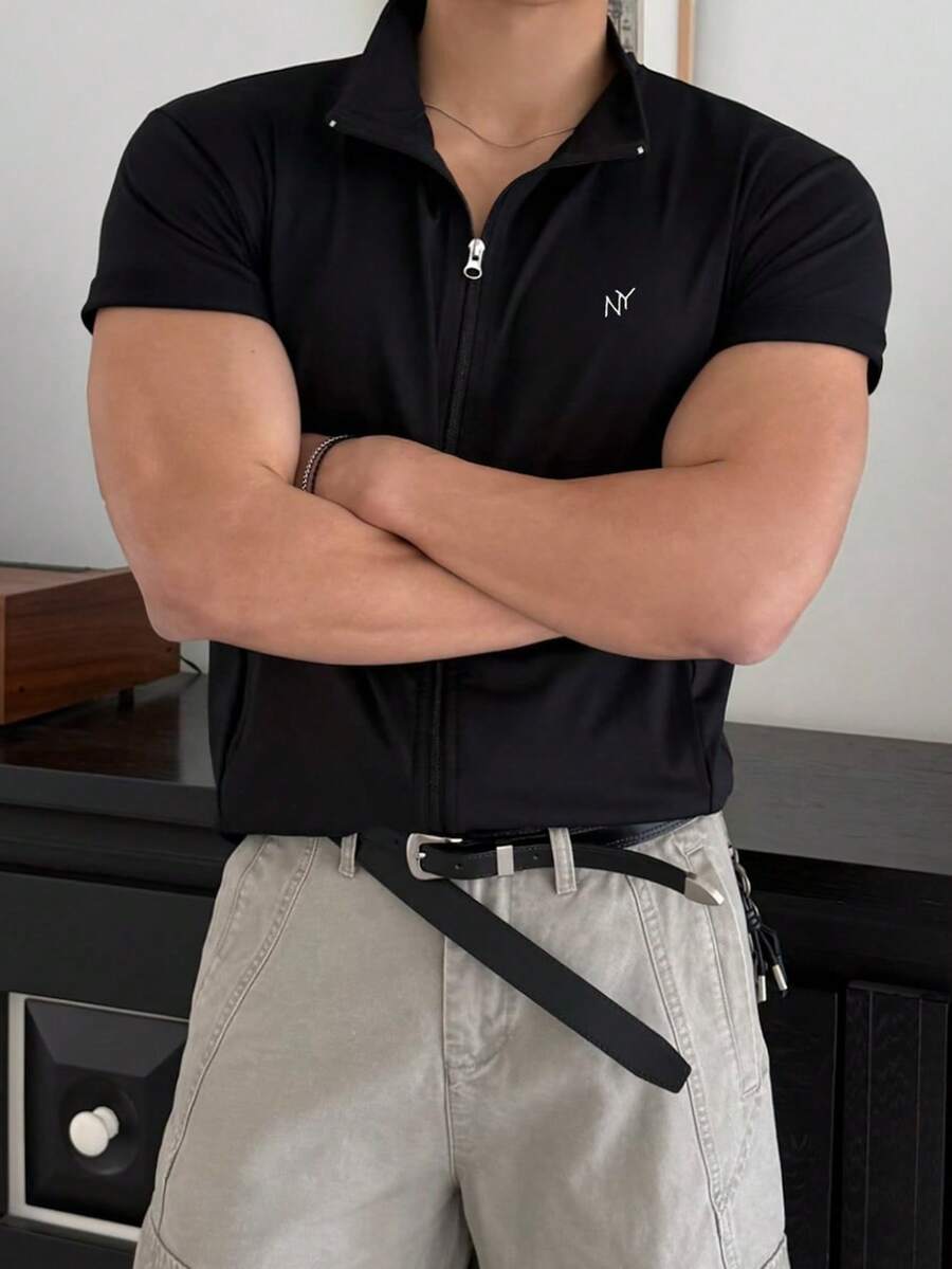 DAZY Summer Letter Embroidery Black Open Front Slim Fit Men's T-Shirt - Black - View 1