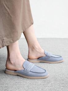CUCCOO BIZCHIC 女士时尚蓝色绒面革舒适通勤平底穆勒鞋，女士平底拖鞋，适合户外购物和日常工作穿着的舒适平底女鞋 - 藍色 - 查看 5