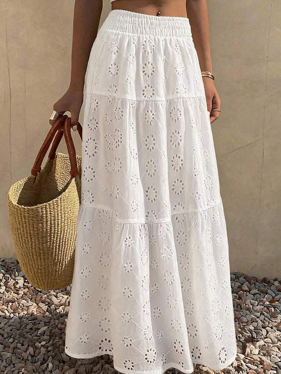 DAZY Women's Textured Embroidered Mesh Solid Color Skirt - White - View 1