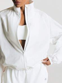 11SKNDS Oversized Mock Neck Full Zip Windbreaker Jacket With Raglan Sleeves And Elasticated Hem Spring Transitional Outerwear Layer - White - View 3