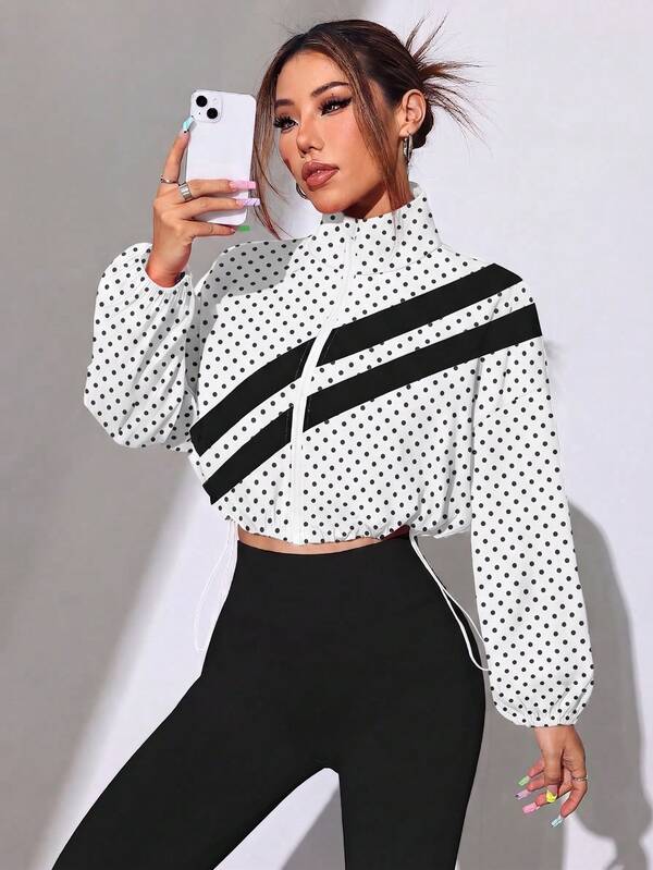 CourtClass Spring/Summer Women's Sports Jacket, Tennis Style, Loose Fit, White Base With Black Polka Dot Print, Color Block Front Panel, Full Zip, Adjustable Elastic Hem, Long Sleeve, Woven Windbreaker Fabric, Suitable For Casual Daily Wear, Running, Yoga, Gym, Tennis, Golf, Cycling