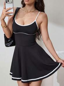 SHEIN Sports Women's Colorblock Casual Daily Outing Sports Camisole Skort - Black - View 5