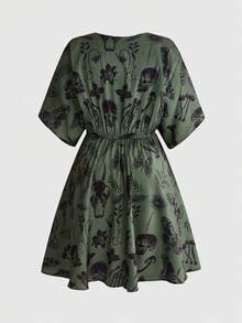ROMWE Gothic Dark Horror Forest Skull Print Loose Plus Size Dress - Green - View 2